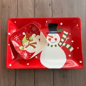 Ceramic Christmas Snowman Serving Tray and Dish